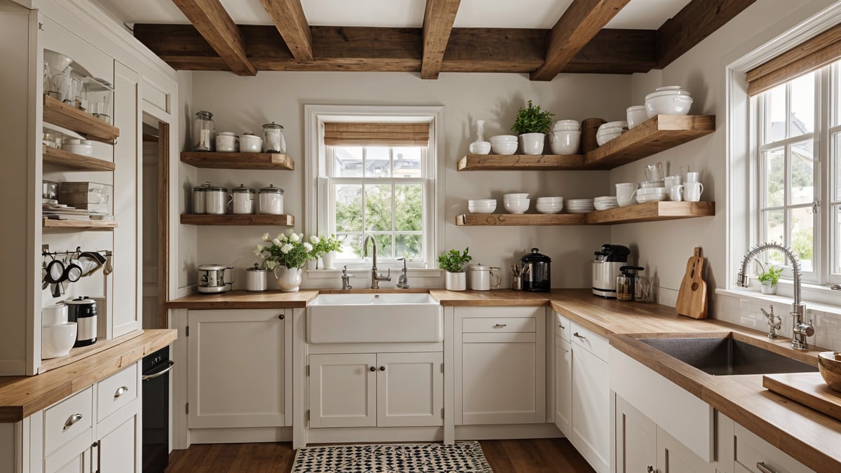 Farmhouse style kitchen with wooden cabinets, white sink, and a window. The kitchen is filled with dishes and features potted plants and vases.