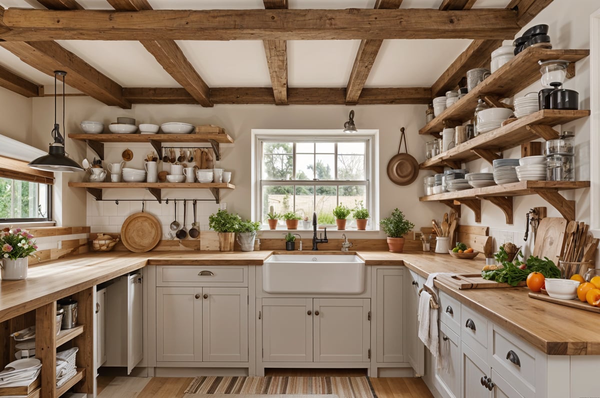 Farmhouse style kitchen with wooden cabinets and shelves filled with dishes and cooking utensils.