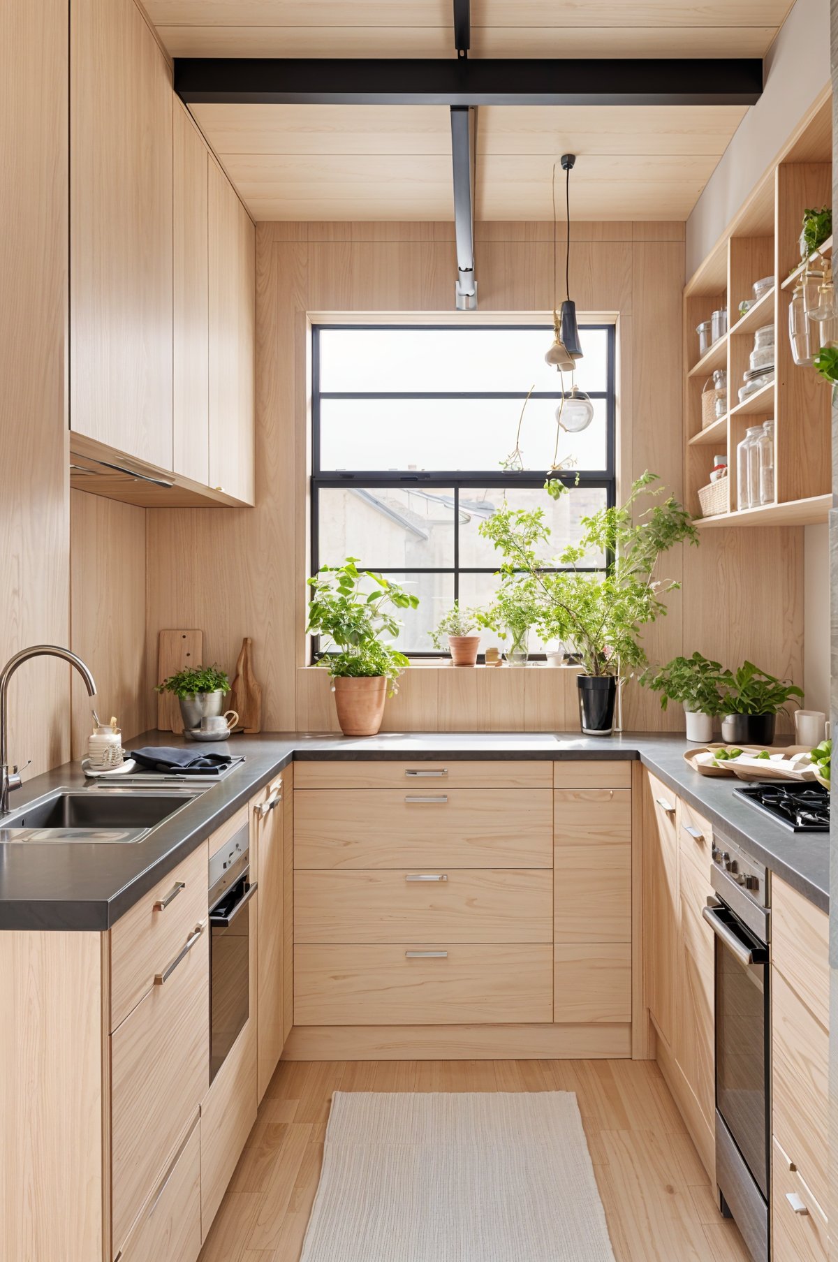 A kitchen with a window over the sink, filled with plants and decorated in a Japandi style.