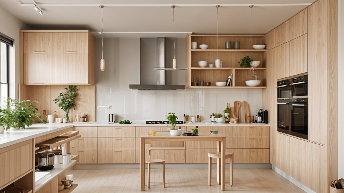 A kitchen with a wooden island and a variety of bowls and pots. The design style is a blend of Japanese and Scandinavian elements.