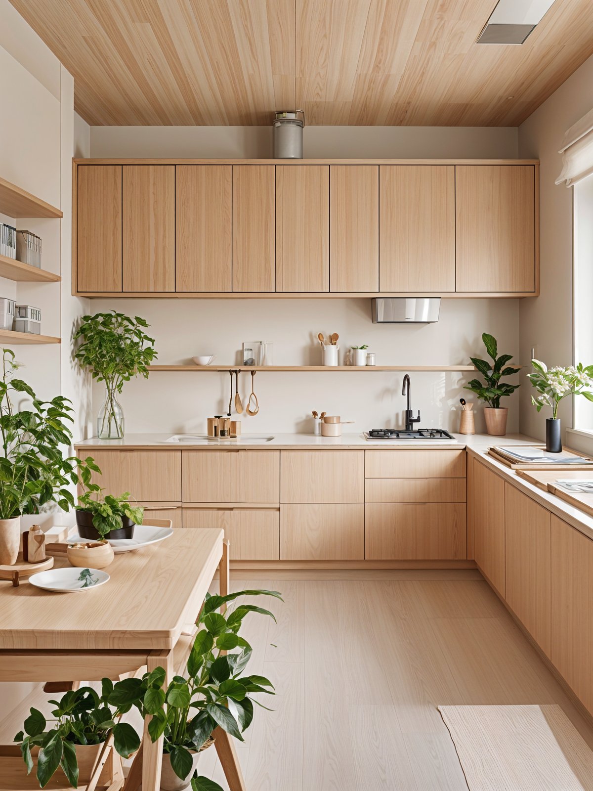 A kitchen with wooden cabinets and a large island, featuring a variety of potted plants and minimal clutter on the countertops.