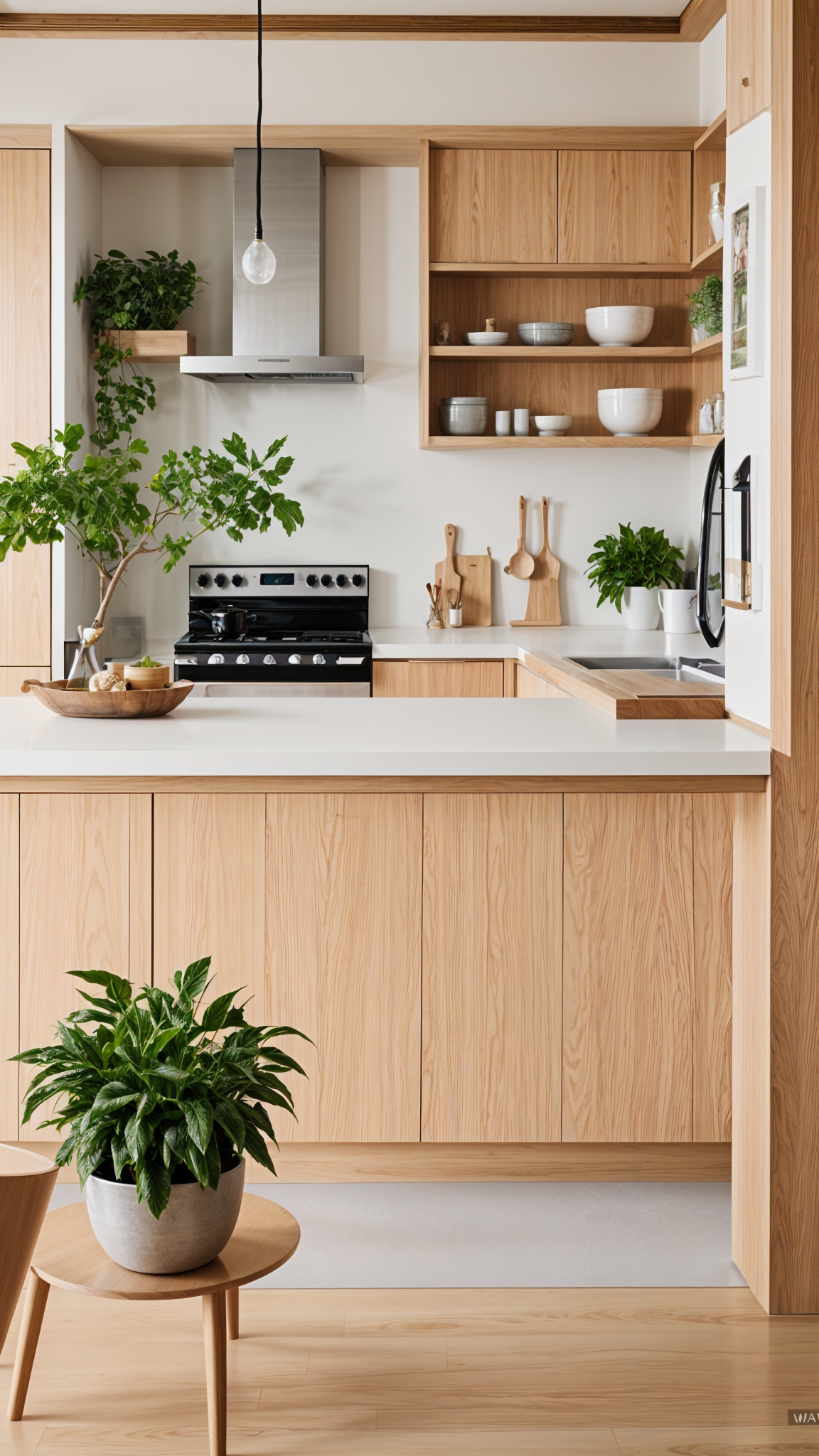 A kitchen with a wooden island and countertop, featuring potted plants and wooden utensils. The design style is japandi.