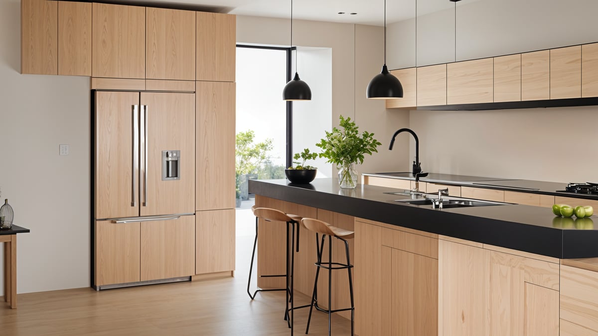 A kitchen with a sink, refrigerator, wooden cabinets, stools, and a potted plant.