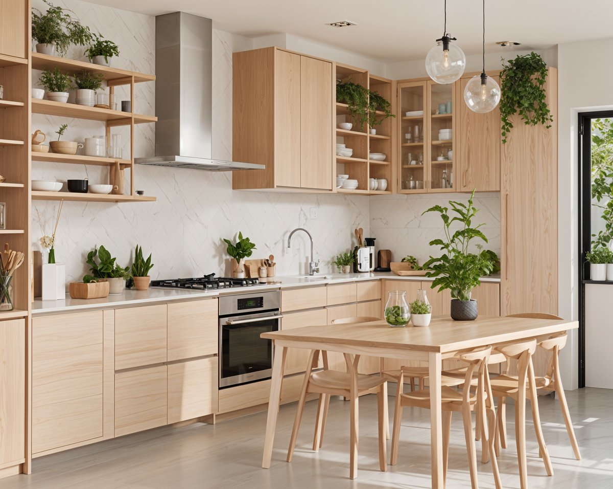 A kitchen with a wooden table and chairs, a sink, and a stove. The kitchen is decorated with potted plants and has a modern design. The table is surrounded by chairs and is located under a light fixture.