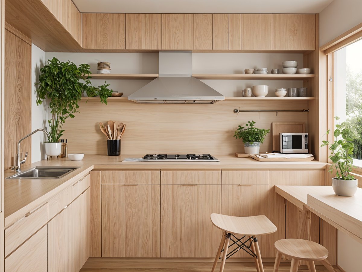 A kitchen with wooden cabinets, a stove top oven, a microwave, a sink, a dining table with chairs, and several potted plants and bowls.