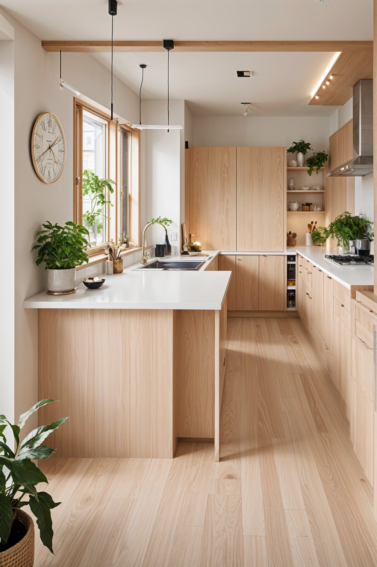 A kitchen with wooden cabinets and a large island. The island has a sink and a clock on the wall above it.