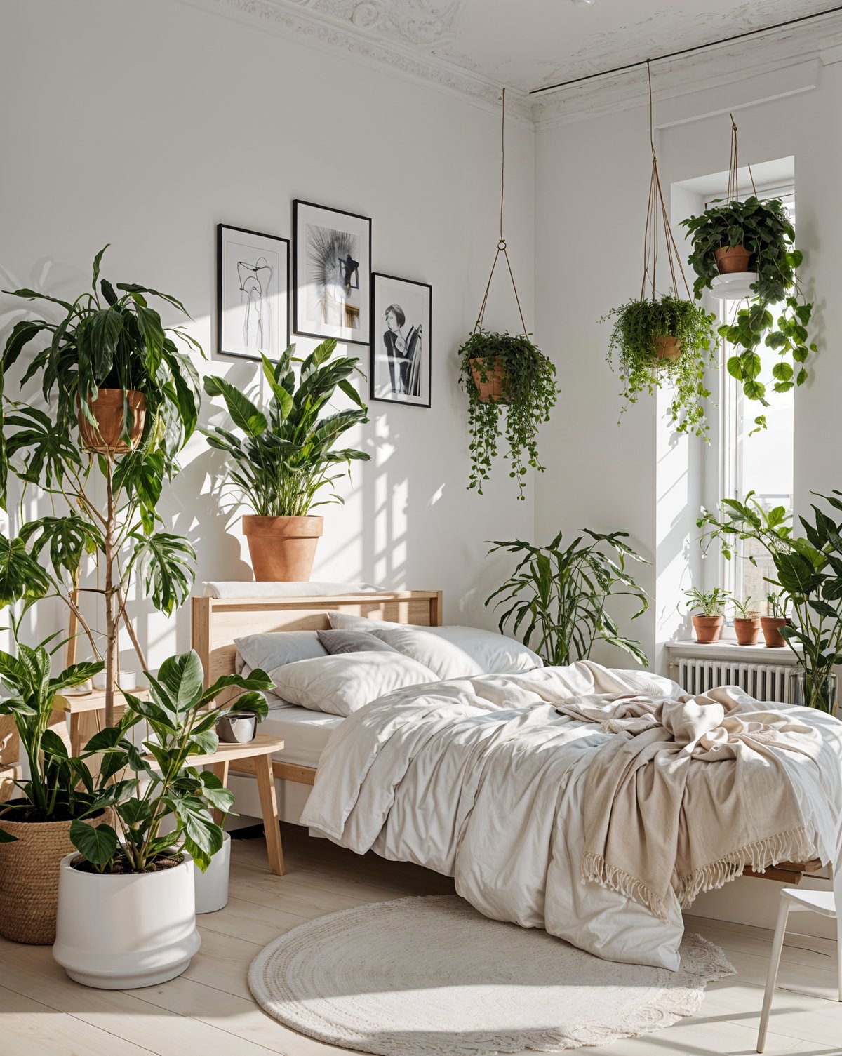 Scandinavian bedroom with a white bed and potted plants