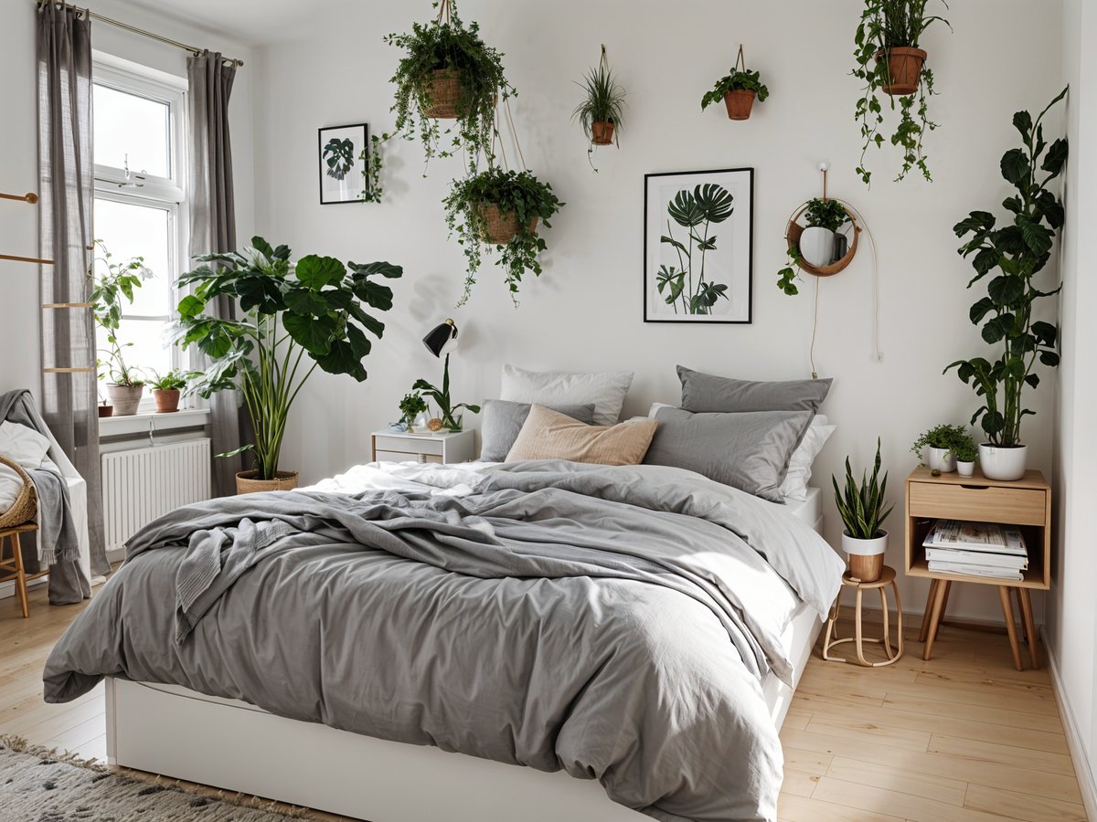 A cozy Scandinavian bedroom with a large bed, grey blanket, and numerous potted plants.