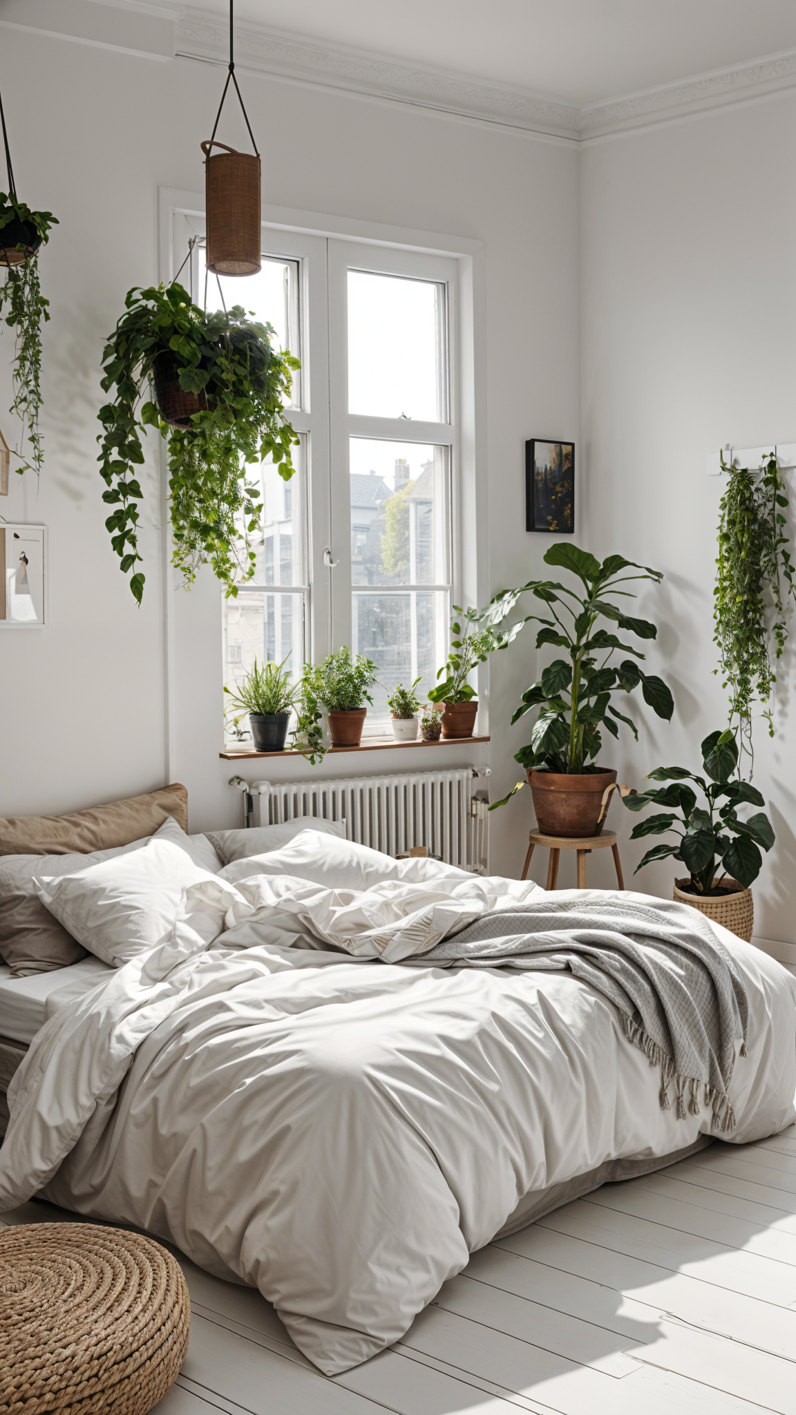 Scandinavian style bedroom with a large bed and several potted plants