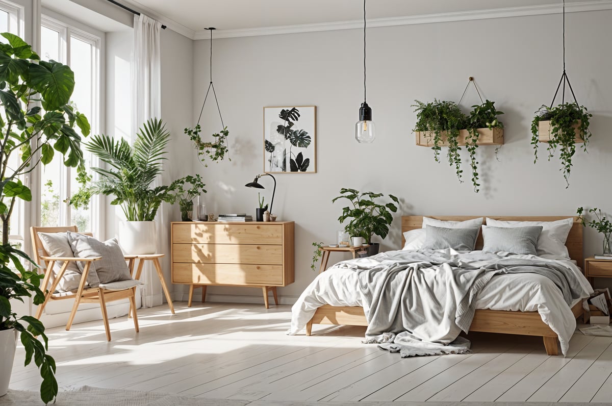 Scandinavian bedroom with a large bed, dresser, and potted plants