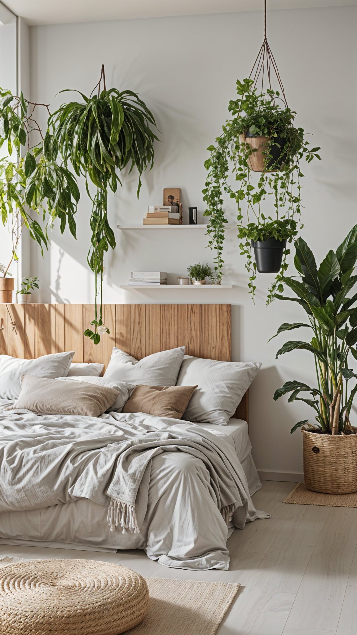 A bedroom with a bed, pillows, and potted plants hanging from the ceiling. The room has a Scandinavian design style.