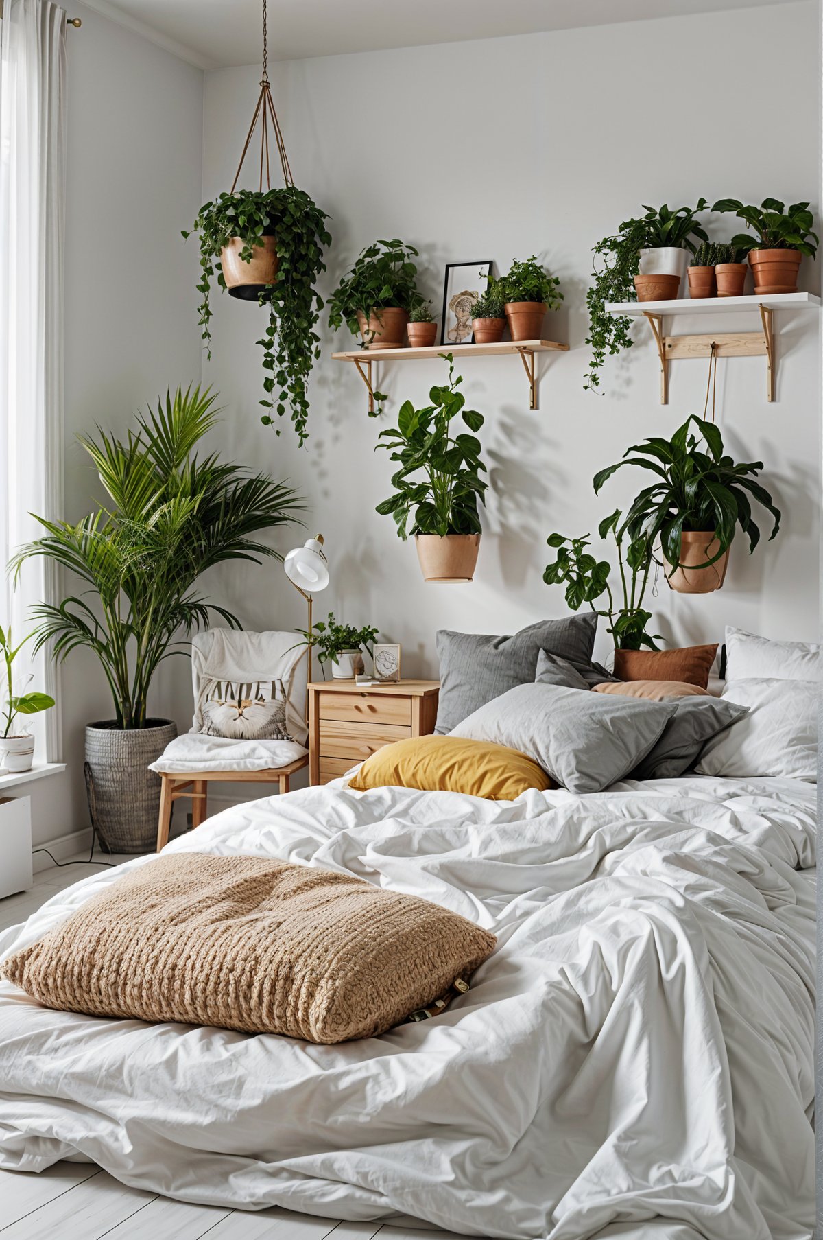 Scandinavian bedroom with a white bed and hanging plants