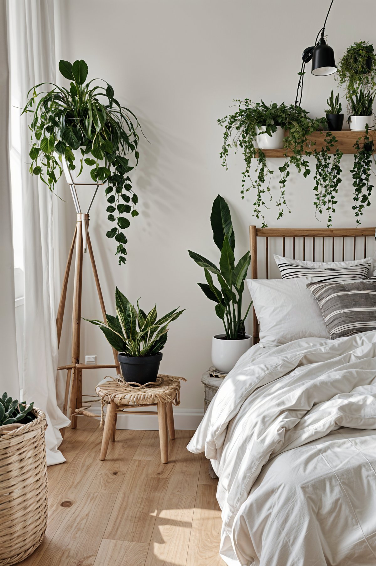 Scandinavian bedroom with a white bed and potted plants on a stool and shelf