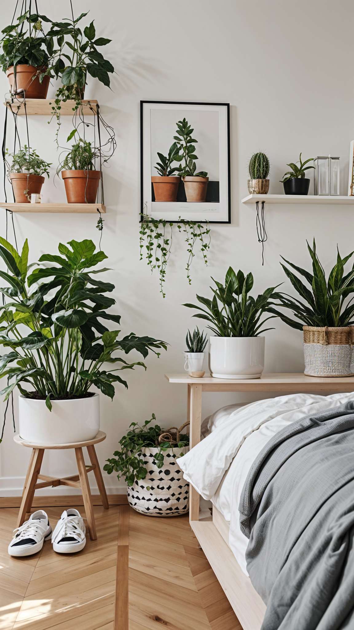 Scandinavian bedroom with a white bed and potted plants on a shelf and table