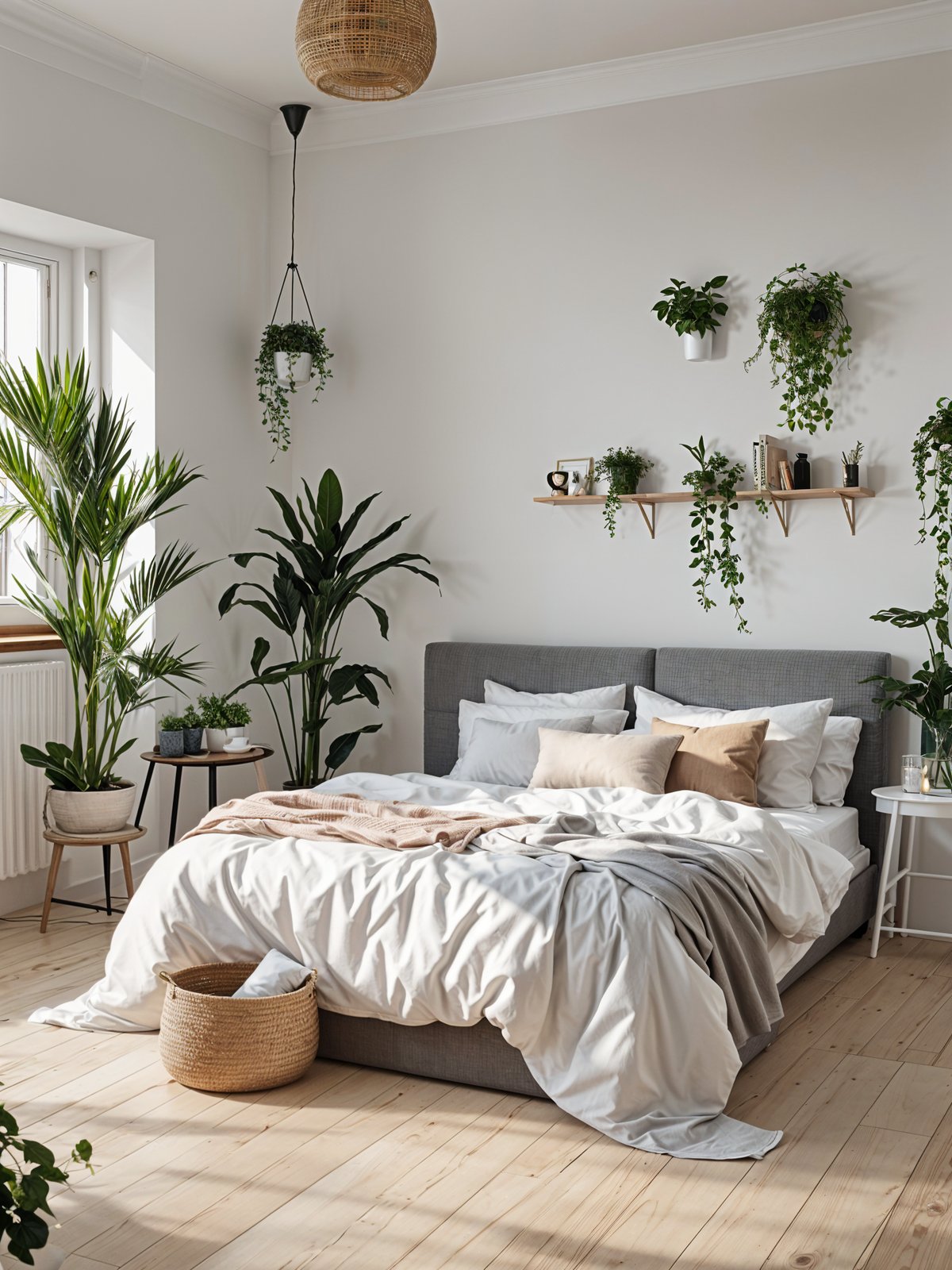 Scandinavian-inspired bedroom with a white bed and potted plants