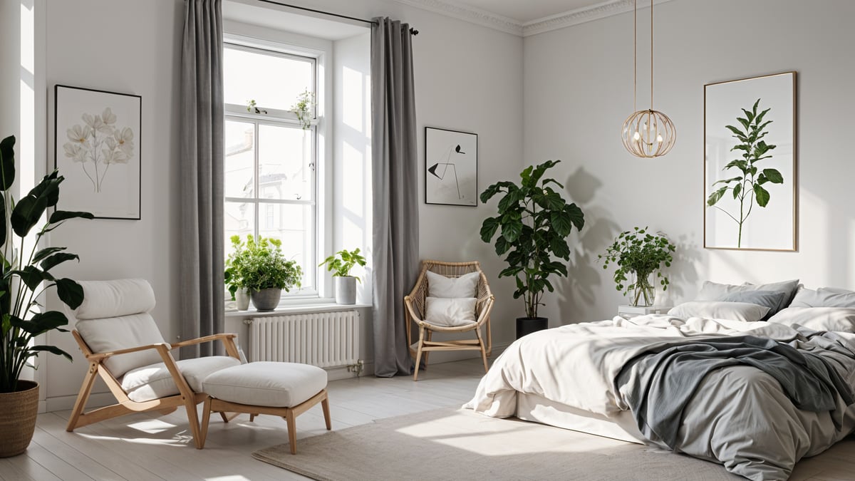 Scandinavian style bedroom with a large bed, chair, and couch. The room is decorated with several potted plants and has sunlight streaming in through the window.