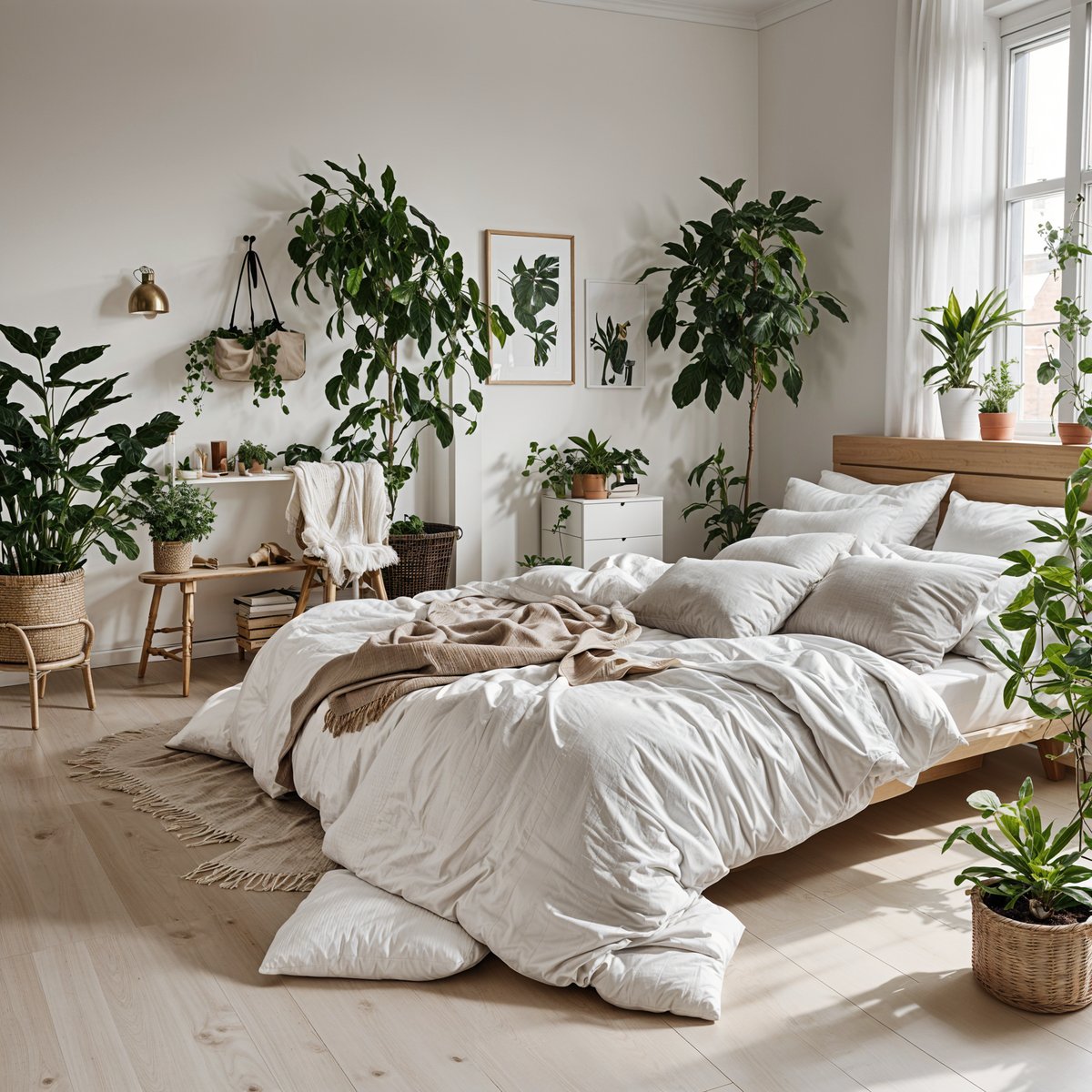 Scandinavian bedroom with a large bed and potted plants