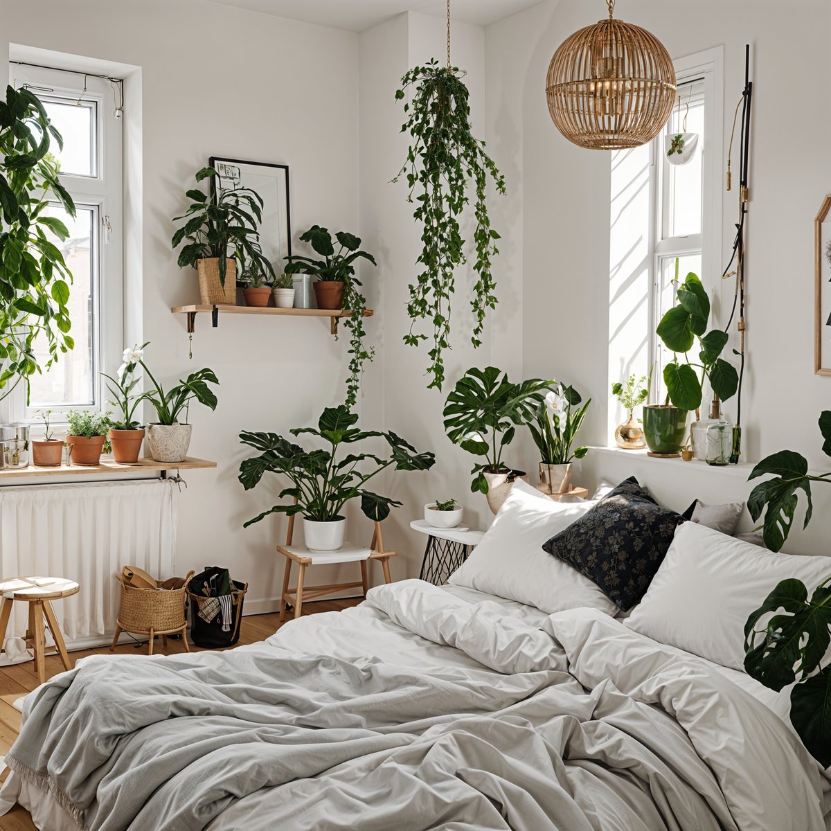 Scandinavian bedroom with white bed and many potted plants