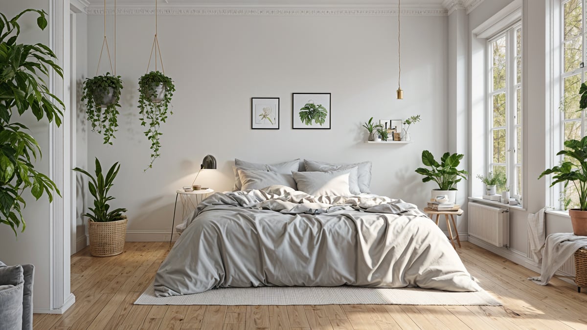 A bedroom with a large bed, white rug, and potted plants. The room has a Scandinavian design style.