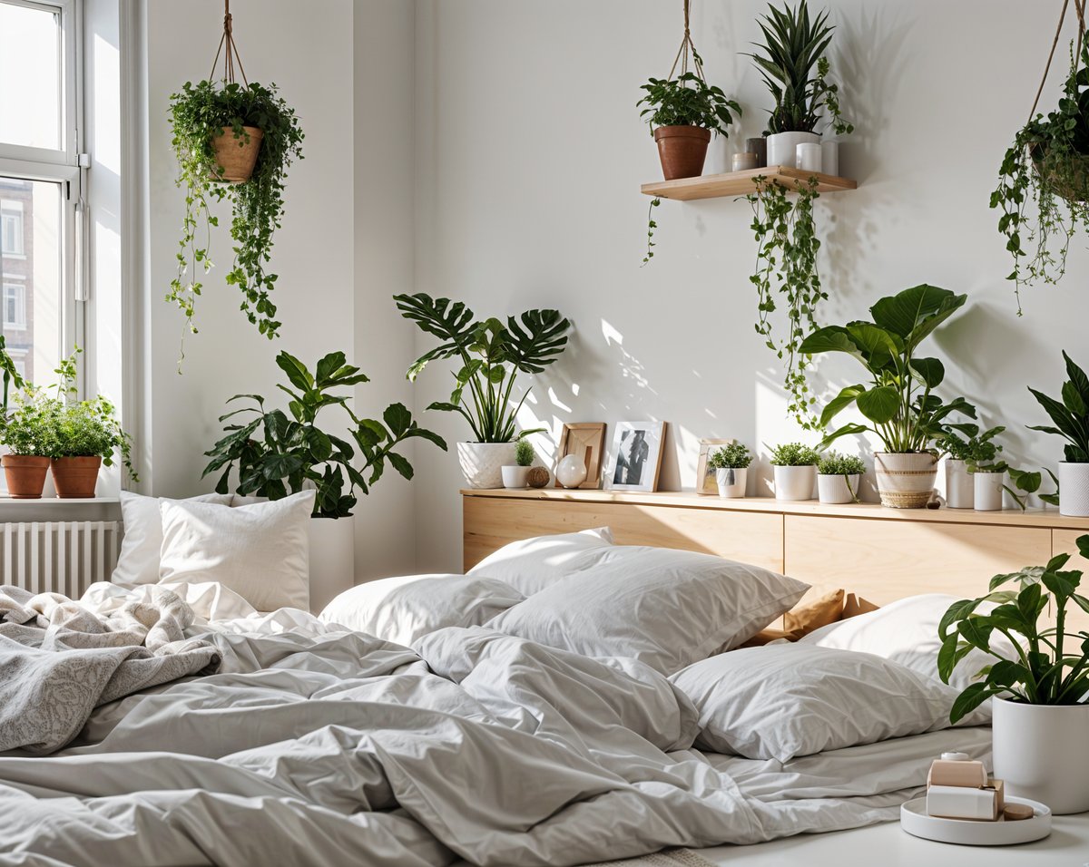 A bedroom with a bed and a shelf full of potted plants. The plants are hanging from the ceiling and the shelf. The room has a Scandinavian design style with white sheets and a white bed.