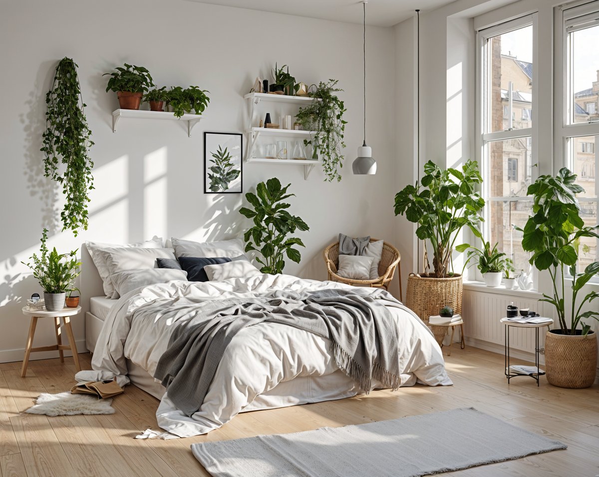 A cozy bedroom with a large bed, a chair, and multiple potted plants. The room has a Scandinavian design style, with white walls and a white bed. The bed is covered in a grey blanket, and there are several pillows on it.