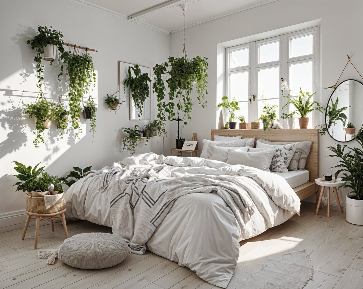 A bedroom with a large bed and many potted plants. The bed is covered in a white comforter and has a striped throw blanket. The room is decorated with various plants, including hanging plants and potted plants, creating a lush and green atmosphere.