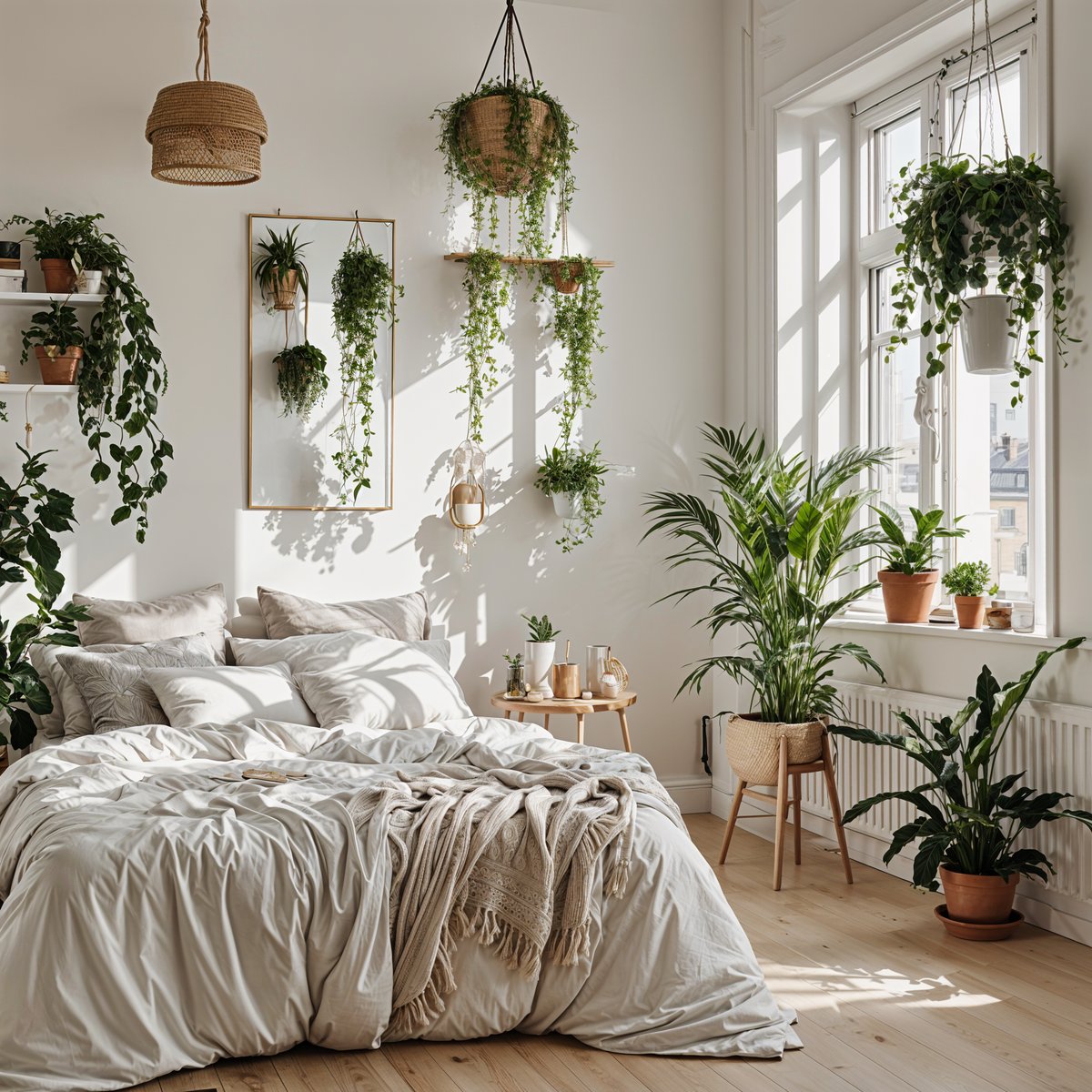 Scandinavian bedroom with a large bed, white sheets and pillows, and several potted plants.