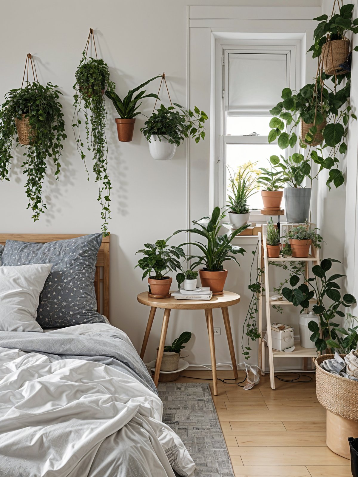 Scandinavian-inspired bedroom with a bed, table, and shelf adorned with potted plants.