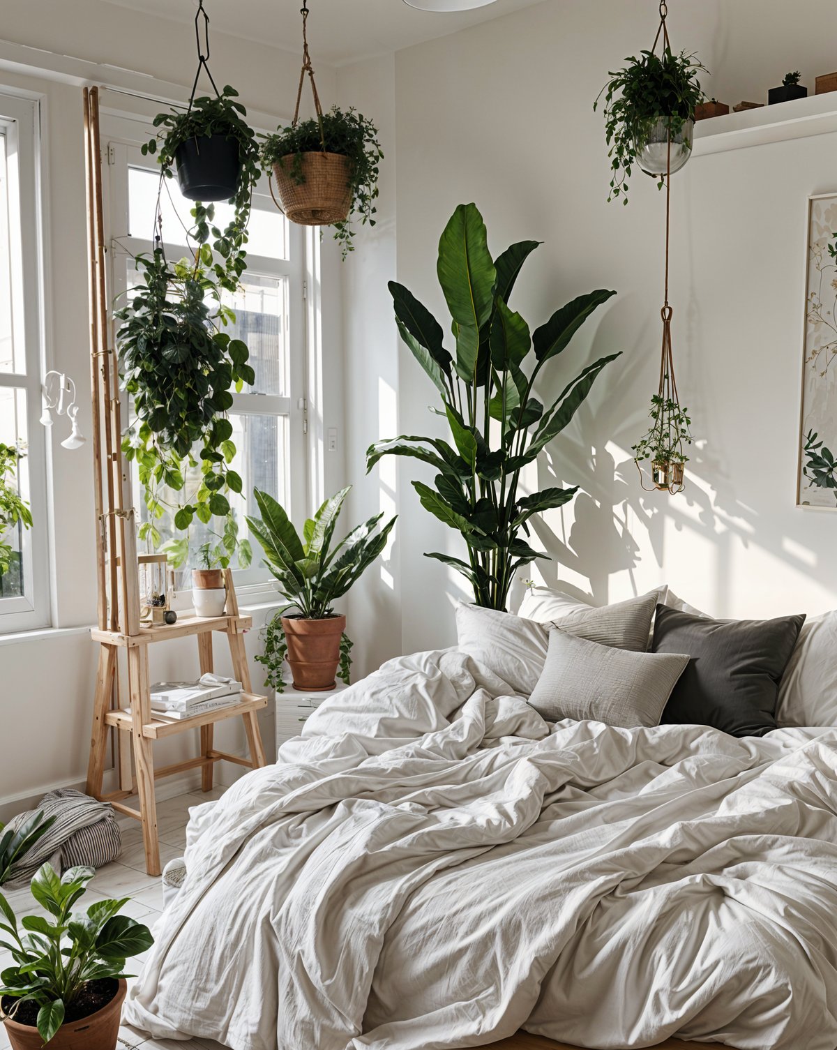 Scandinavian style bedroom with a large bed and several potted plants