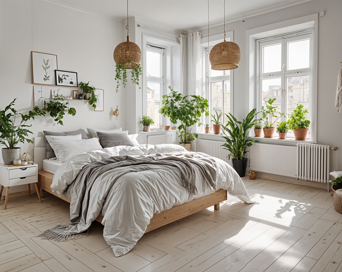 Scandinavian bedroom with a large bed and several potted plants