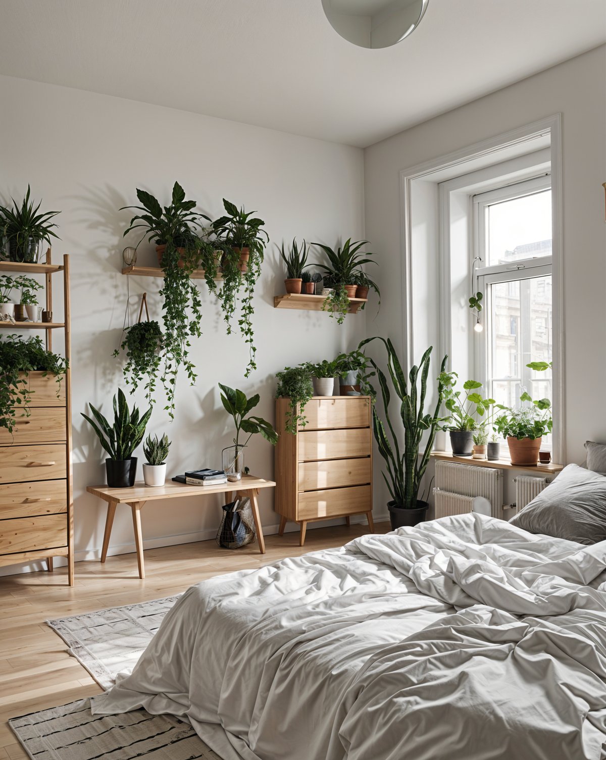 Bedroom with a bed, window, and potted plants. Scandinavian design style.