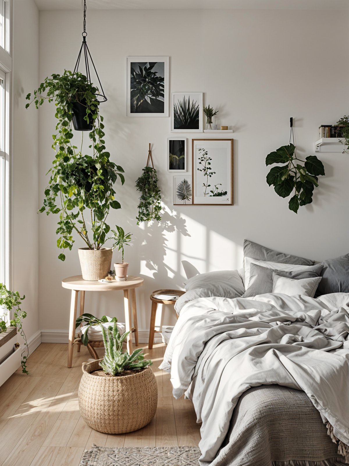 A cozy bedroom with a white bed and a variety of potted plants. The room has a Scandinavian design style with a white color scheme and minimalist decor.