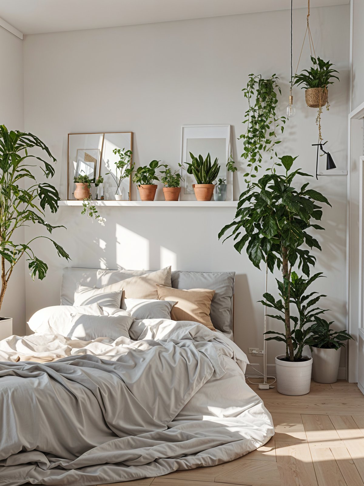 A bedroom with a white bed, potted plants, and natural lighting. The room has a Scandinavian design style.