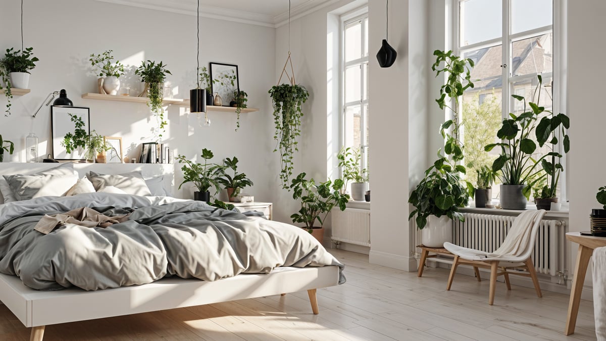 Scandinavian bedroom with a white bed, large window, and potted plants