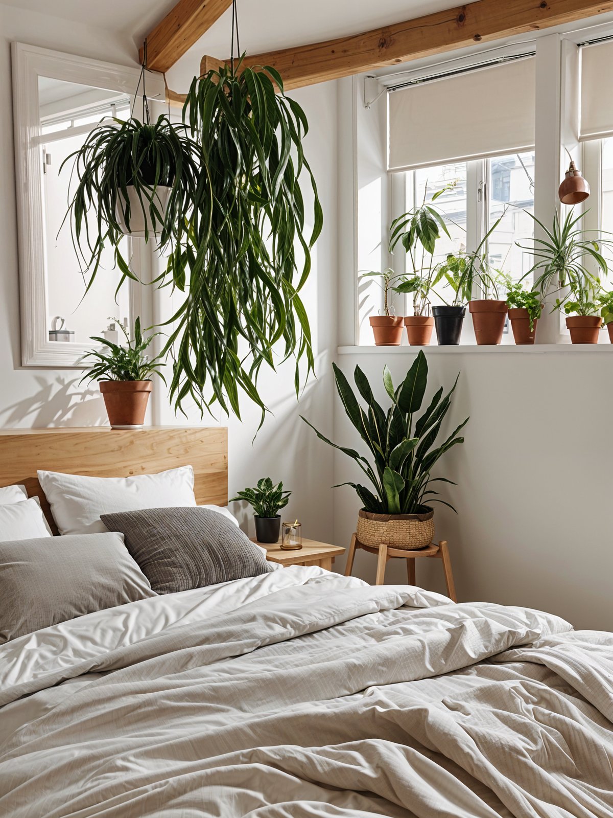 A bedroom with a white bed and a window, decorated with potted plants in a scandinavian style.