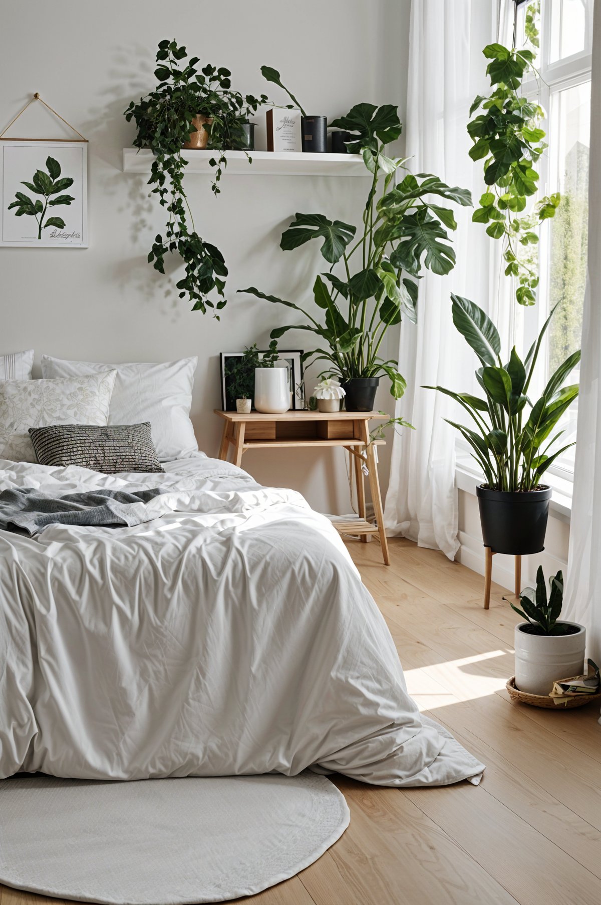 A cozy bedroom with a white bed, a large window, and several potted plants. The room has a Scandinavian design style.