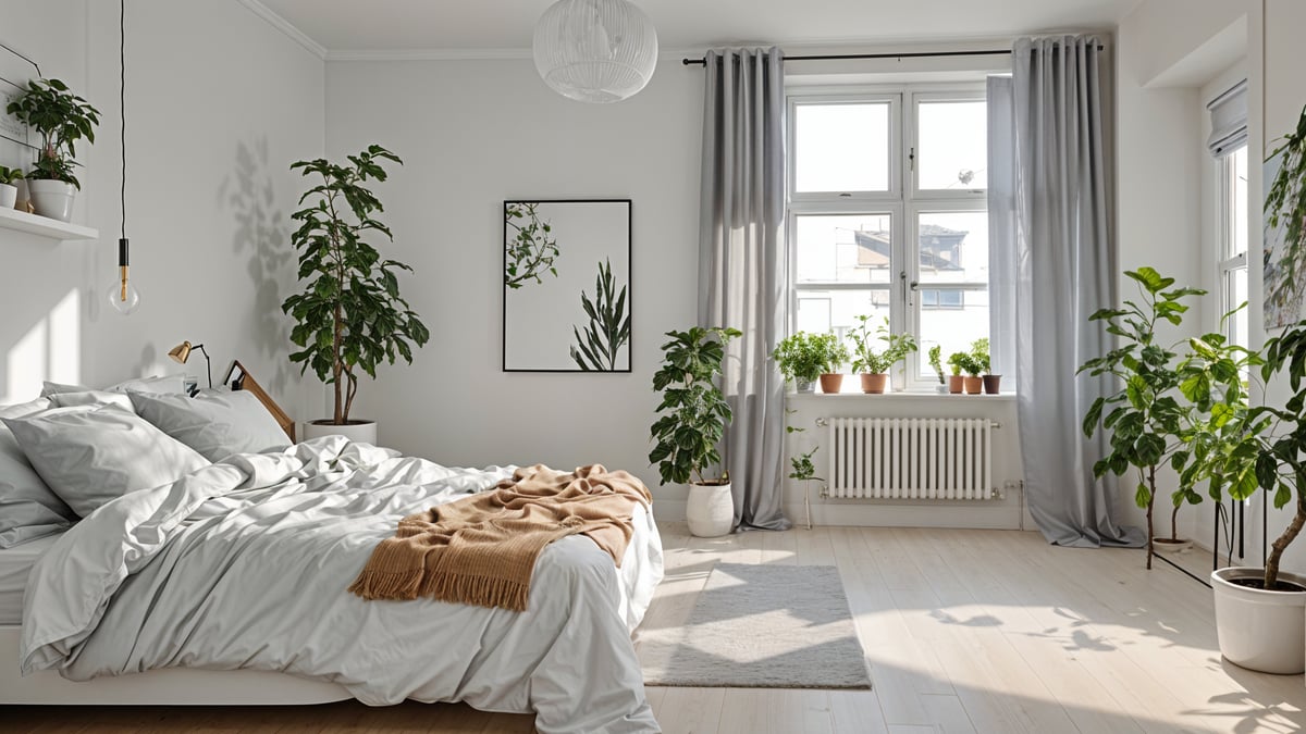 A cozy bedroom with a large bed, a window, and several potted plants. The room has a Scandinavian design, featuring white walls and minimalist decor.