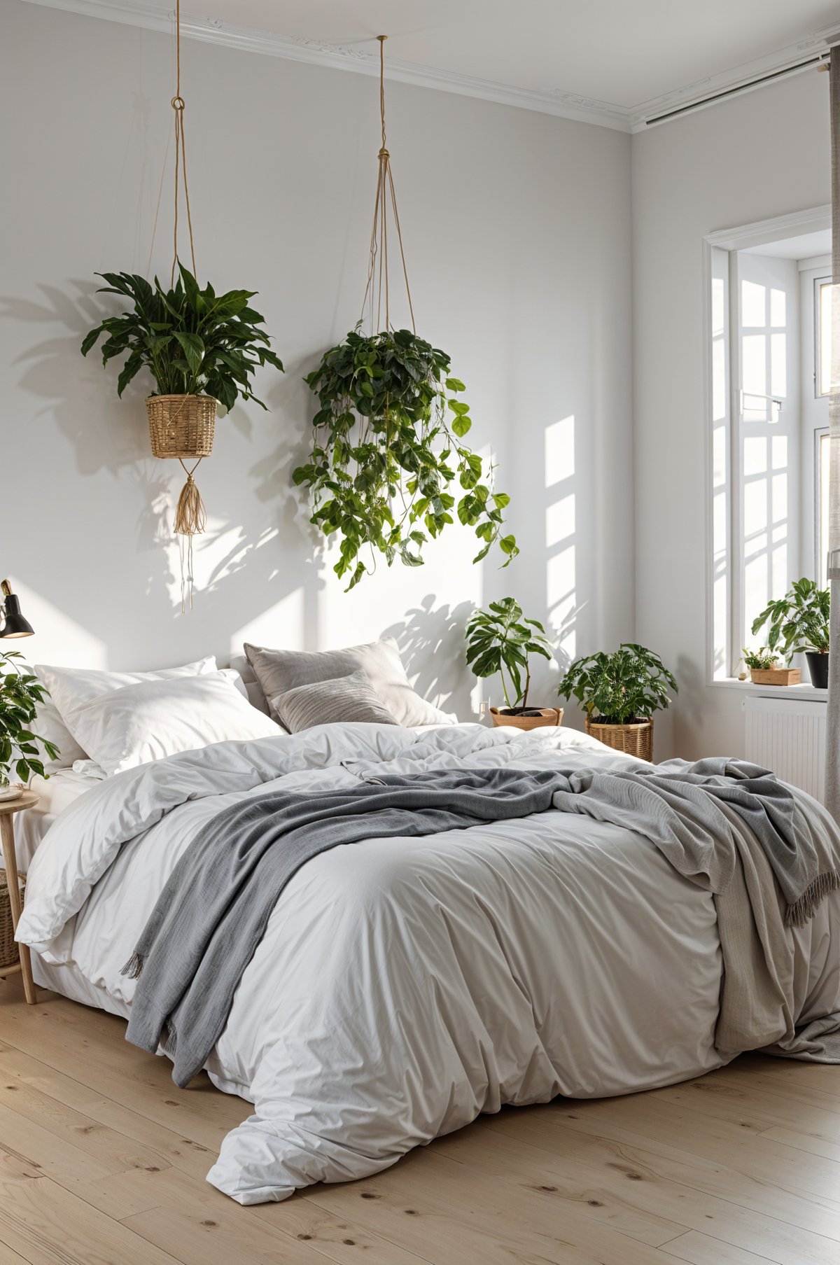 A bedroom with a bed and several potted plants. The bed is covered in white sheets and blankets, and there are hanging plants above it. The room has a Scandinavian design style.