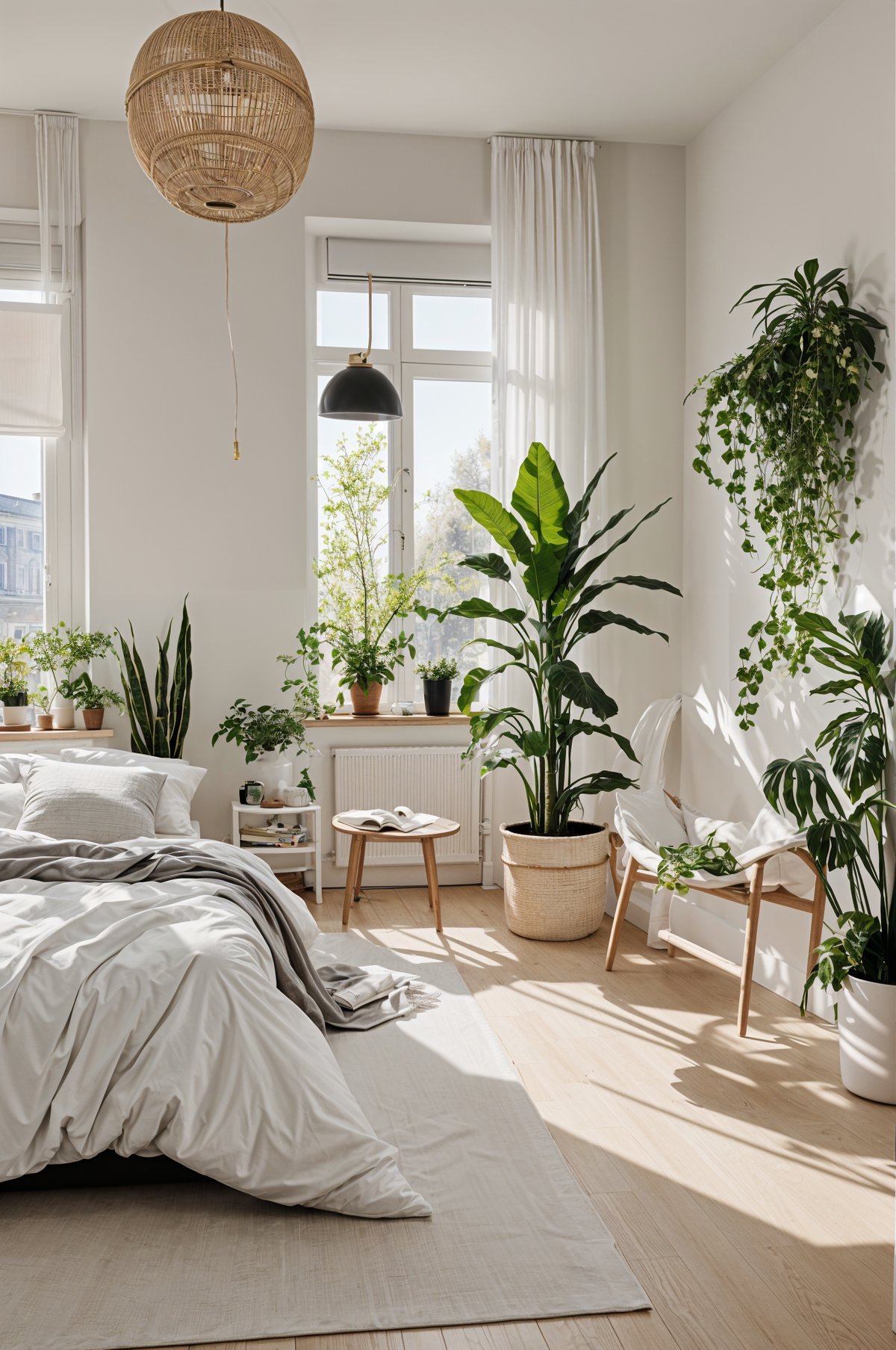 A bedroom with a Scandinavian design style, featuring a large bed, white sheets and blanket, and several potted plants, including a large palm tree.