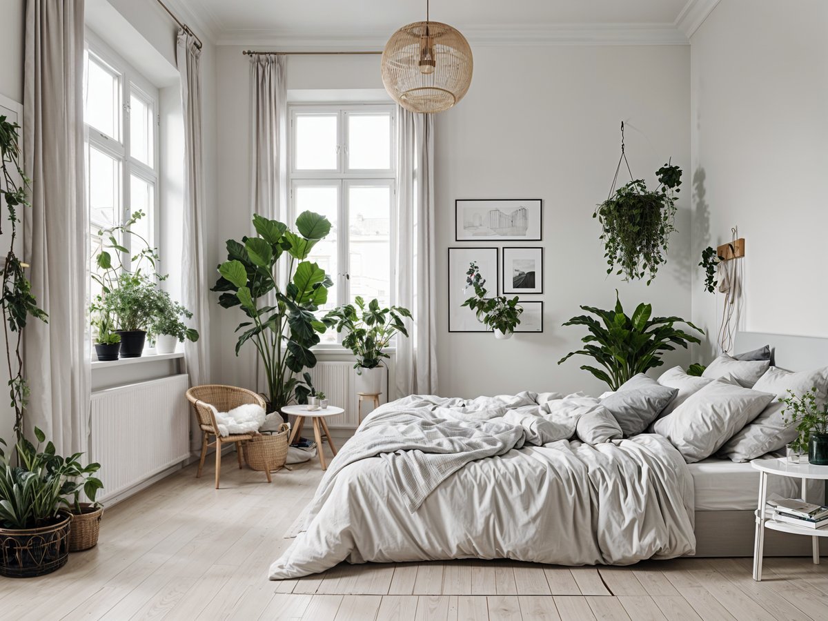 Scandinavian bedroom with a large bed, white sheets, and potted plants.