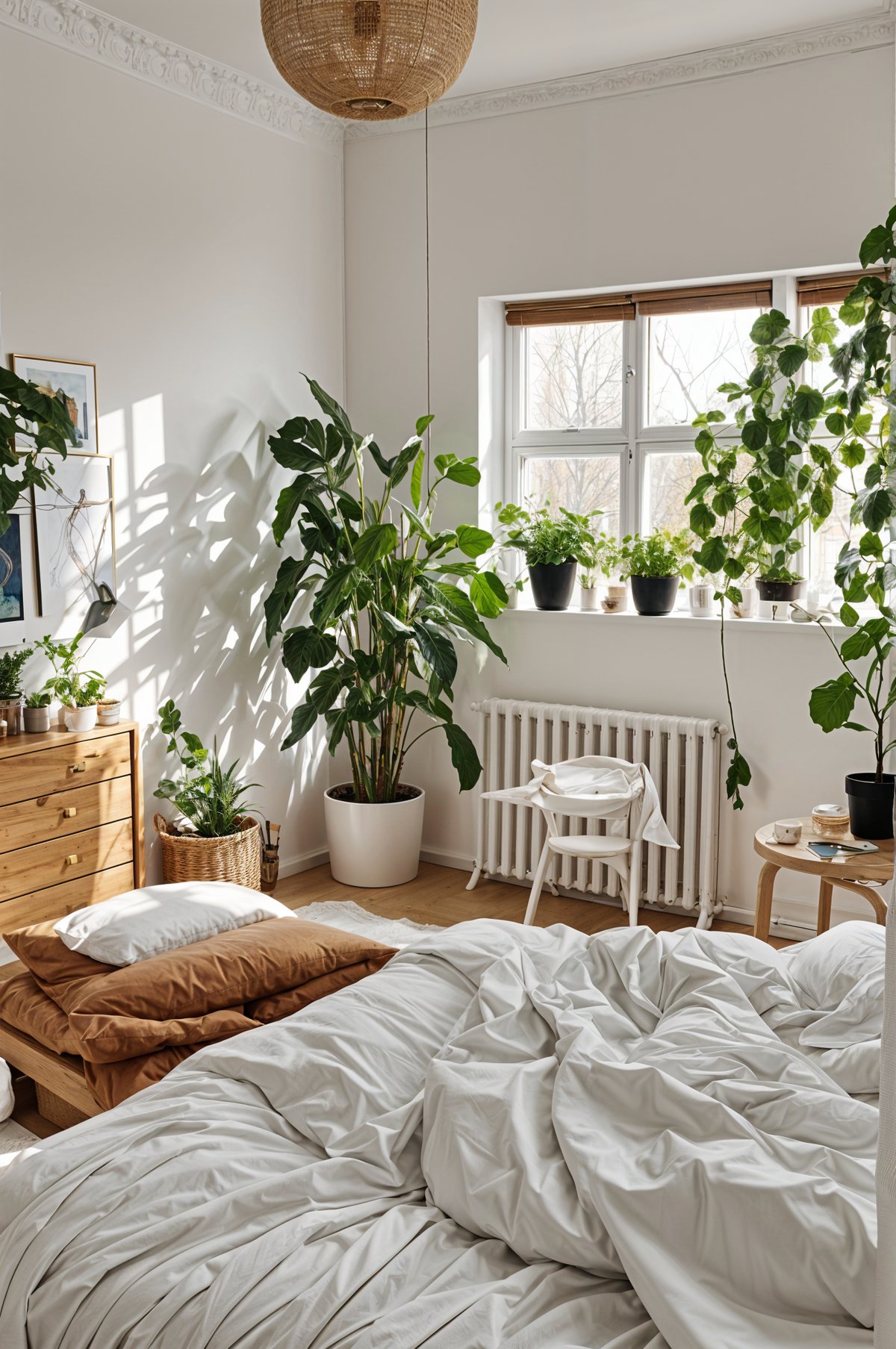 A bedroom with a white bed, radiator, and window, decorated with potted plants in a Scandinavian style.