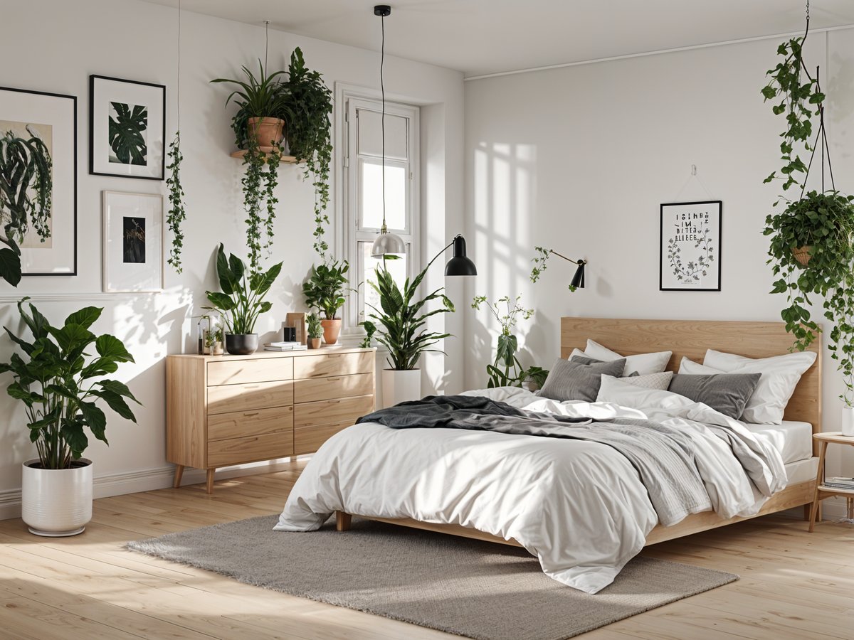 A bedroom with a large bed and several potted plants. The room has a Scandinavian design style.