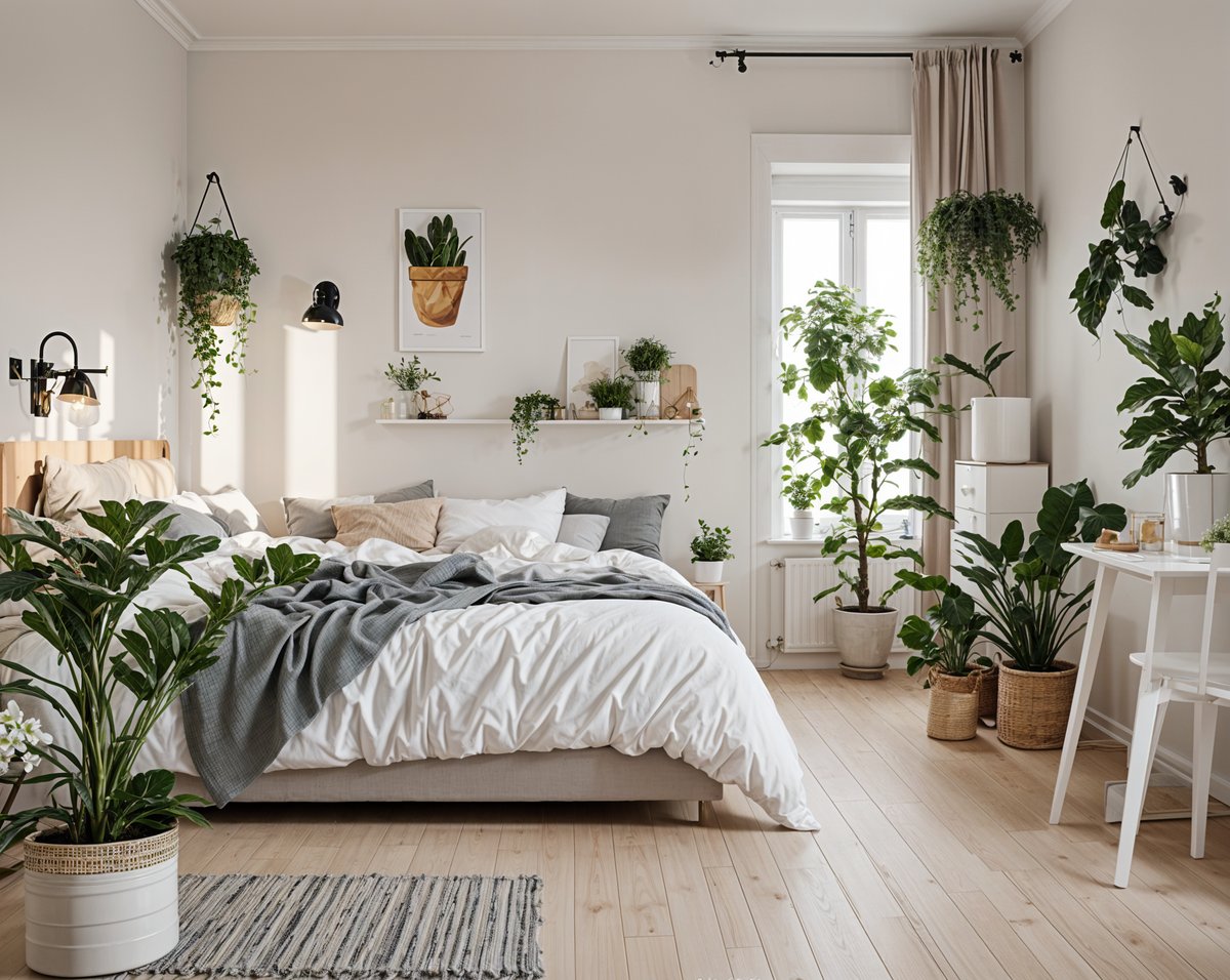 Scandinavian bedroom with a large bed, white comforter, and potted plants