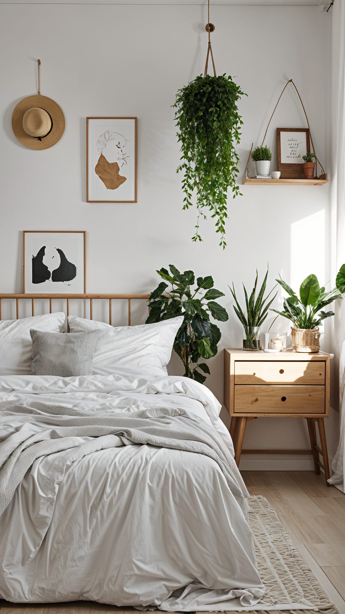 A cozy bedroom with a large bed, a nightstand, and a variety of potted plants. The bedroom has a Scandinavian design style, featuring white walls and a minimalist approach to decoration.