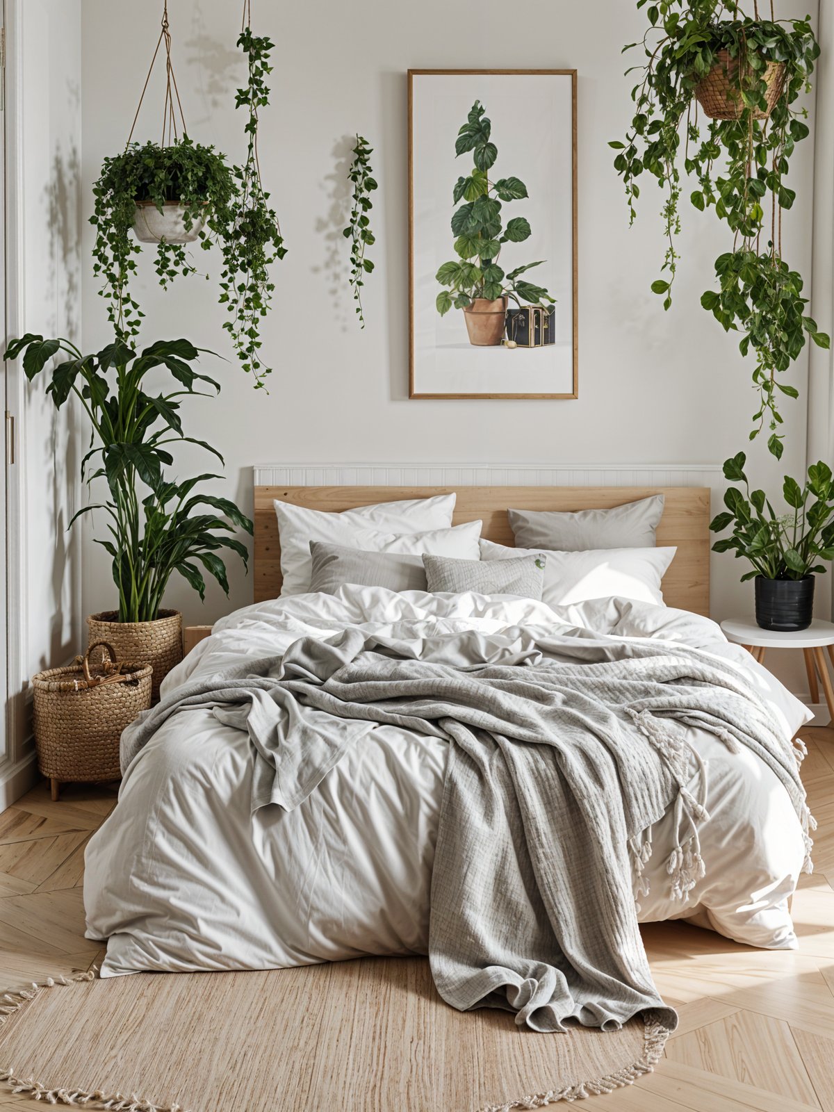 Scandinavian bedroom with a large bed, white comforter, blanket, potted plants, bench and chair