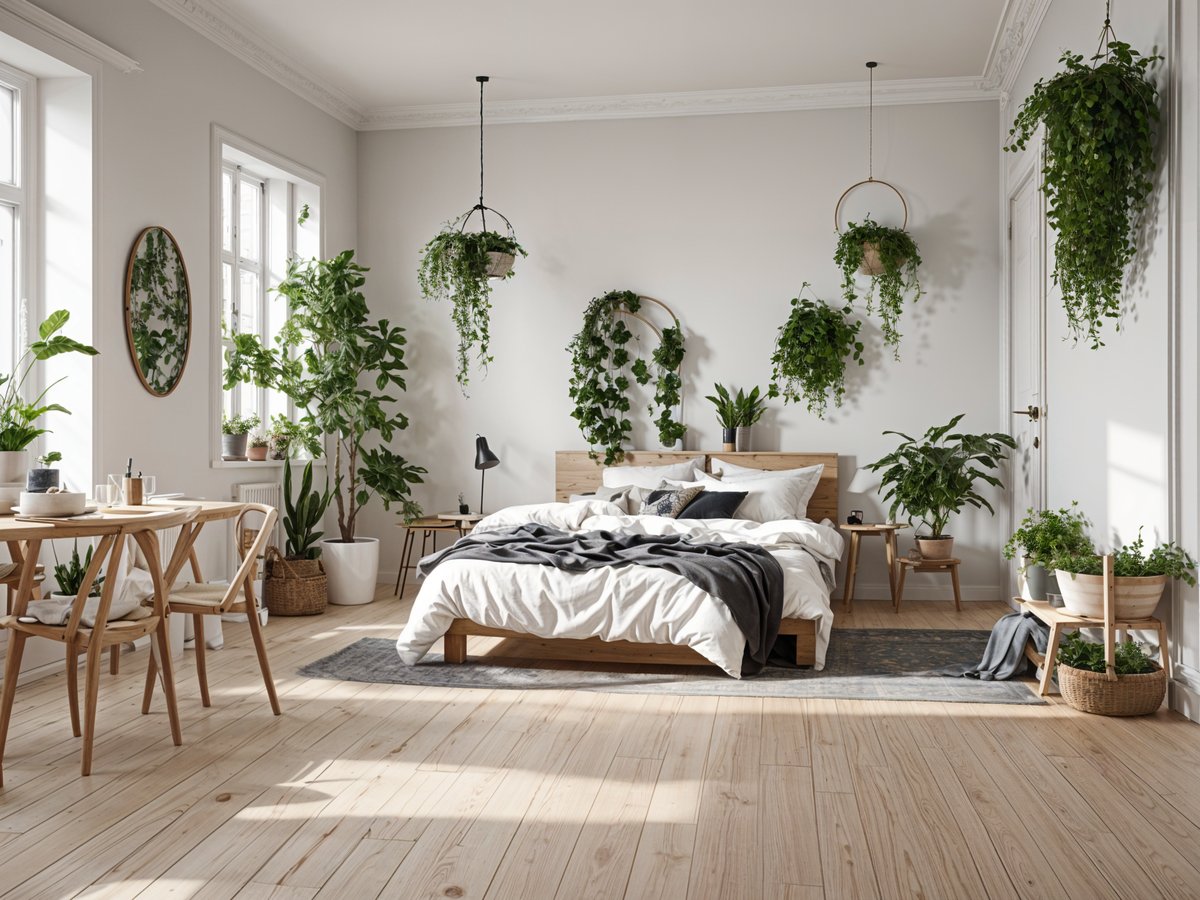 Scandinavian bedroom with a large bed and several potted plants