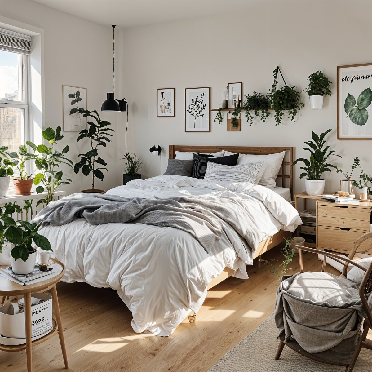 A bedroom with a large bed, wooden furniture, and many potted plants. The room has a Scandinavian design style with white walls and minimal decorations.