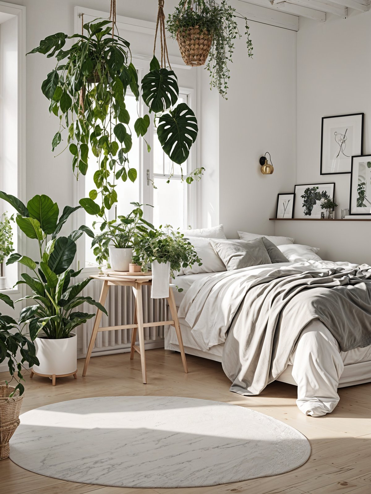 A bedroom with a white bed and many potted plants. The room has a Scandinavian design style and is bright and airy.