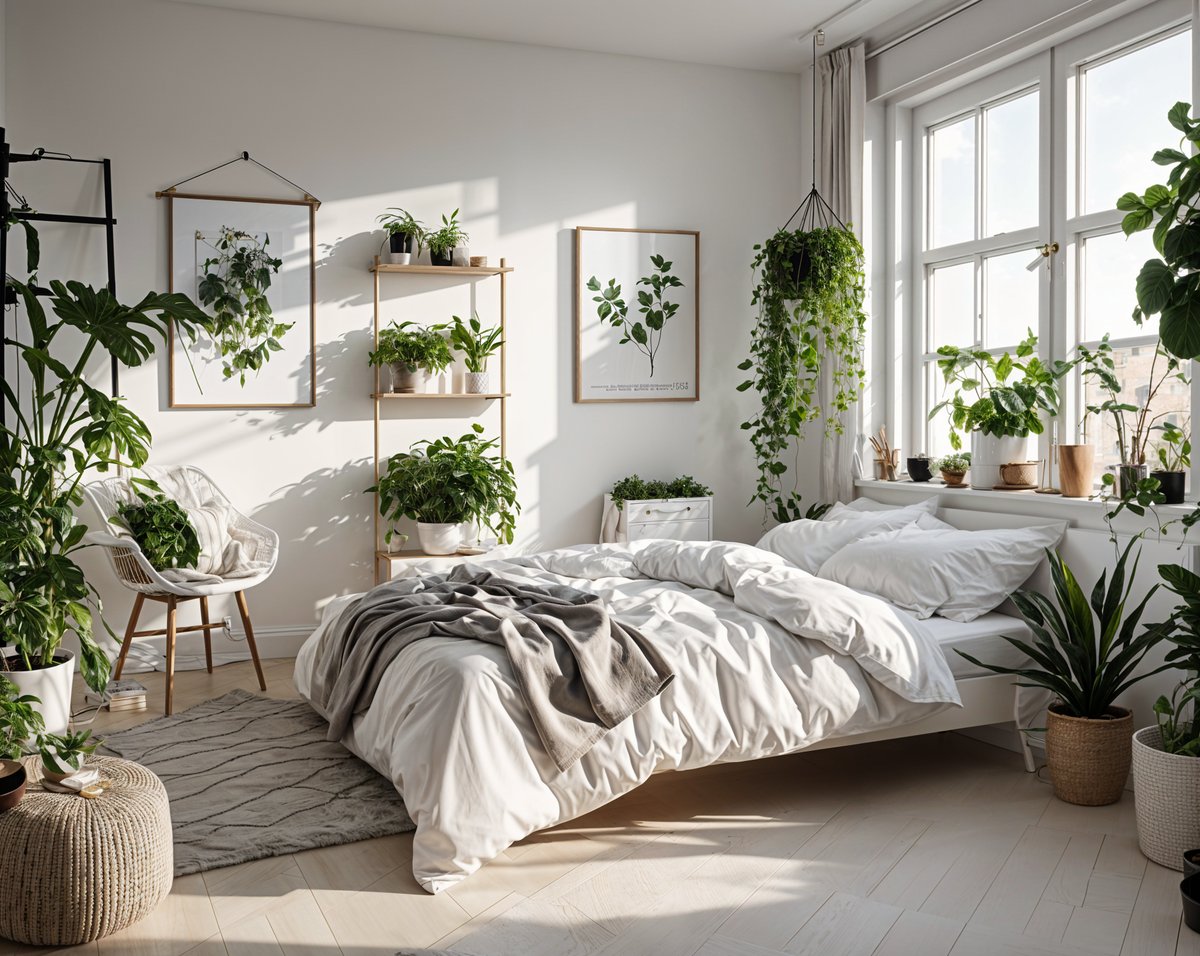 A white bed with a grey comforter and numerous potted plants in a Scandinavian designed bedroom.