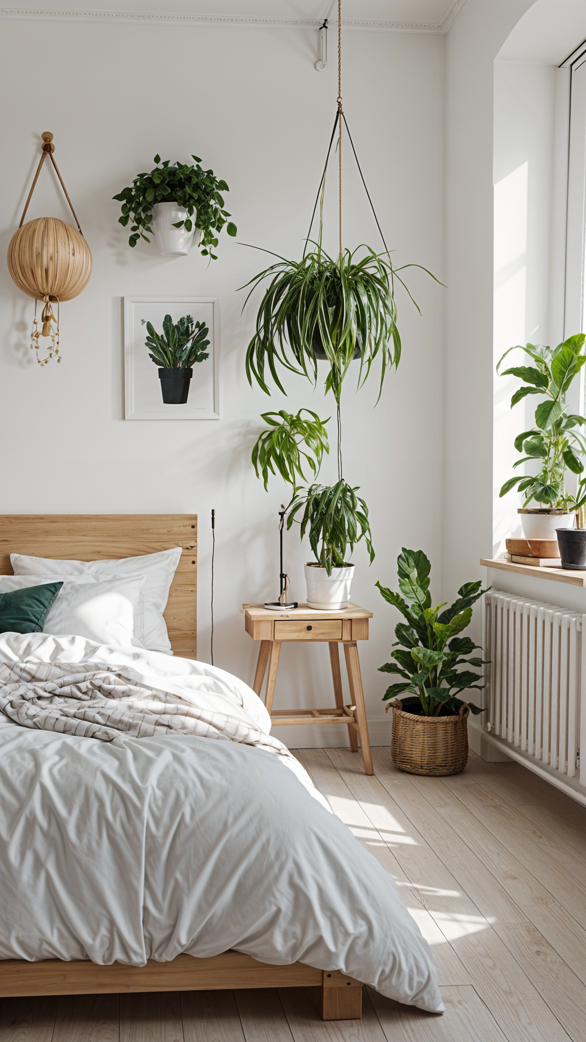 Scandinavian bedroom with a bed and several potted plants